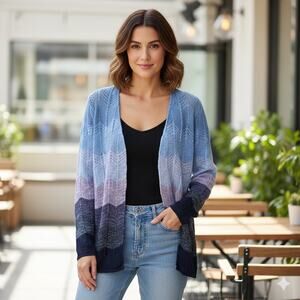 CJ Banks Ombre Open Knit Cardigan 2X Plus Size Cotton Rayon Blue Boho Grandma